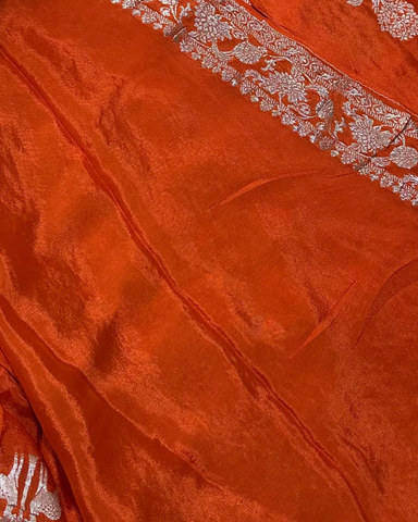 Banaras Crepe Silk Orange Deer & Tree Zari Saree | Glow & Glitter Boutique
