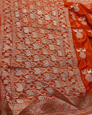 Banaras Crepe Silk Orange Deer & Tree Zari Saree | Glow & Glitter Boutique