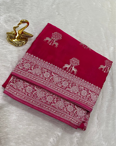 Banaras Crepe Silk Hot Pink Deer & Tree Zari Saree | Glow & Glitter Boutique