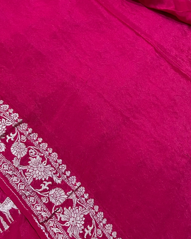 Banaras Crepe Silk Hot Pink Deer & Tree Zari Saree | Glow & Glitter Boutique