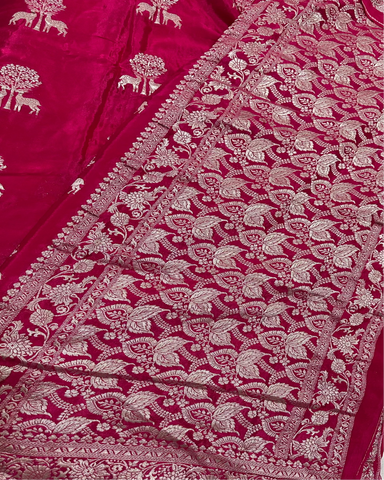 Banaras Crepe Silk Hot Pink Deer & Tree Zari Saree | Glow & Glitter Boutique
