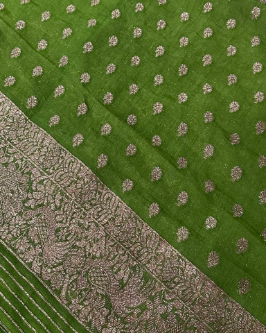 Banaras Georgette Deep Olive Green Elephant Zari Jaal Saree | Glow & Glitter Boutique