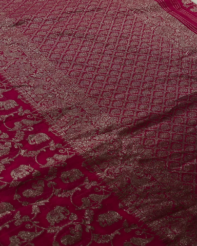 Banaras Georgette Deep Rani Pink Elephant Jaal Zari Saree | Glow & Glitter Boutique