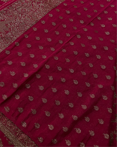 Banaras Georgette Deep Rani Pink Elephant Jaal Zari Saree | Glow & Glitter Boutique
