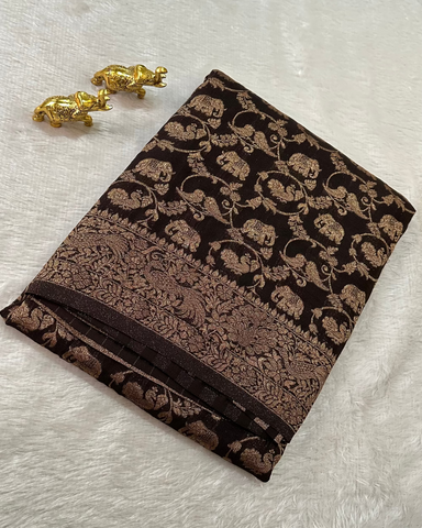 Banaras Georgette Deep Coco Brown Elephant Zari Jaal Saree | Glow & Glitter Boutique