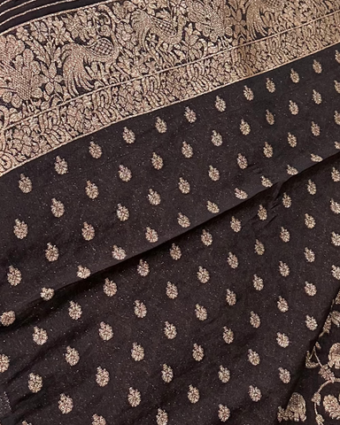 Banaras Georgette Deep Coco Brown Elephant Zari Jaal Saree | Glow & Glitter Boutique