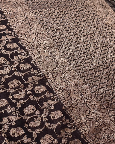 Banaras Georgette Deep Coco Brown Elephant Zari Jaal Saree | Glow & Glitter Boutique