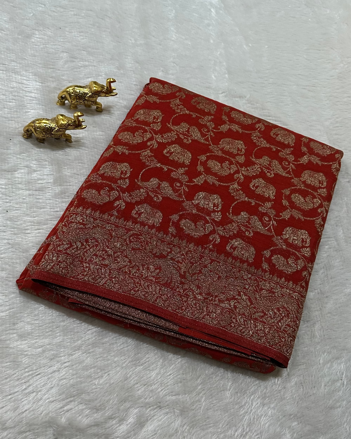 Banaras Georgette Deep Rust Elephant Zari Jaal Saree | Glow & Glitter Boutique