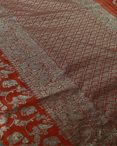 Banaras Georgette Deep Rust Elephant Zari Jaal Saree | Glow & Glitter Boutique
