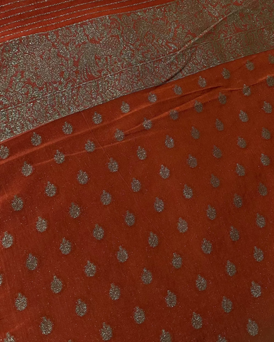 Banaras Georgette Deep Rust Elephant Zari Jaal Saree | Glow & Glitter Boutique