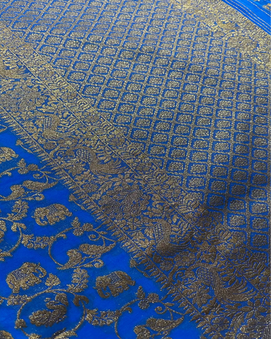 Banaras Georgette Ink Blue Elephant Zari Jaal Saree | Glow & Glitter Boutique