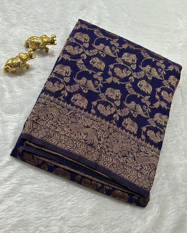 Banaras Georgette Deep Purple Elephant Zari Jaal Saree | Glow & Glitter Boutique