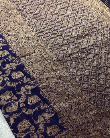 Banaras Georgette Deep Purple Elephant Zari Jaal Saree | Glow & Glitter Boutique