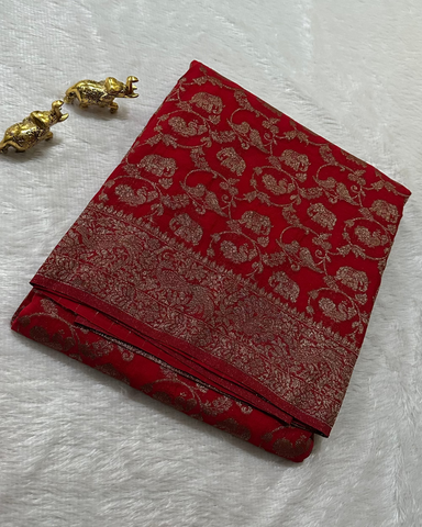 Banaras Georgette Deep Red Elephant Zari Jaal Saree | Glow & Glitter Boutique