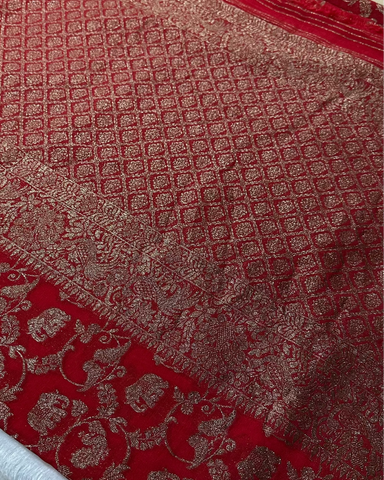 Banaras Georgette Deep Red Elephant Zari Jaal Saree | Glow & Glitter Boutique
