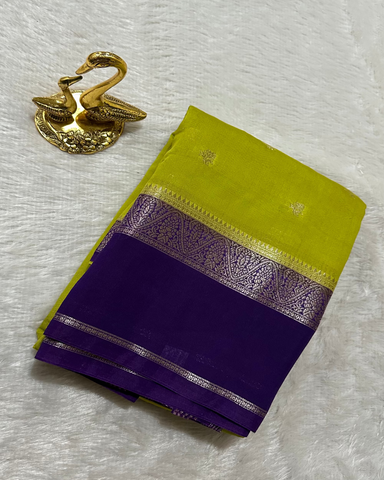 Assam silk saree Parrot Green With Purple Border | Glow & Glitter Boutique