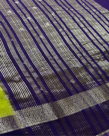 Assam silk saree Parrot Green With Purple Border | Glow & Glitter Boutique