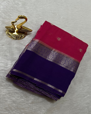 Assam silk saree Pink With Purple Border | Glow & Glitter Boutique