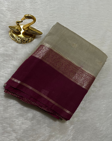 Assam silk saree Grey With Deep Wine Border | Glow & Glitter Boutique