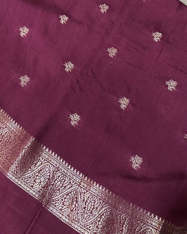 Assam silk saree Grey With Deep Wine Border | Glow & Glitter Boutique