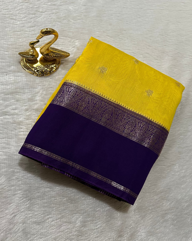Assam silk saree Yellow With Purple Border | Glow & Glitter Boutique