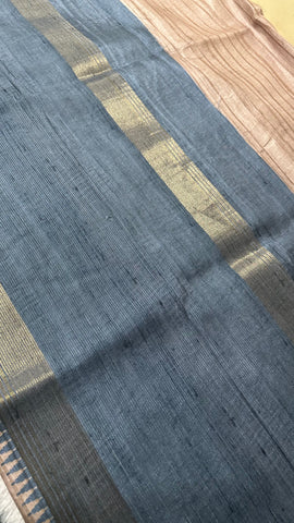 Premium Tussar silk saree with small borders Grey Blue Shade | Glow & Glitter Boutique