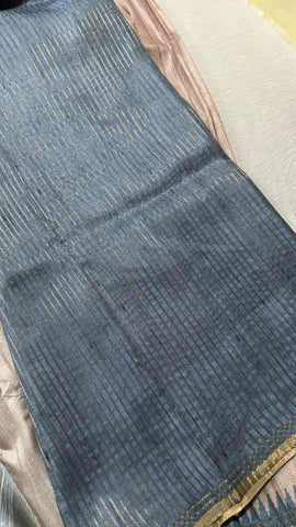 Premium Tussar silk saree with small borders Grey Blue Shade | Glow & Glitter Boutique