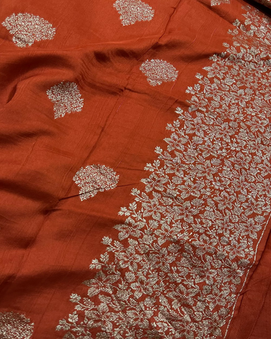 Tussar silk saree Rust orange With Floral Butta Design | Glow & Glitter Boutique