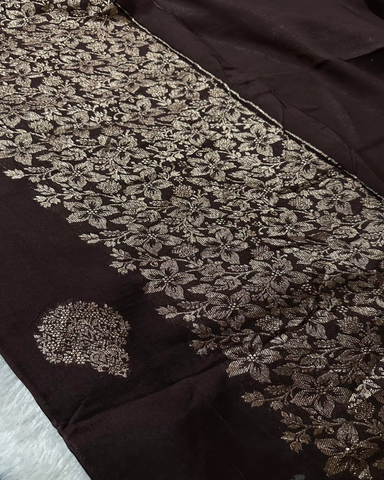 Tussar silk saree Deep coco Brown With Floral Butta Design | Glow & Glitter Boutique