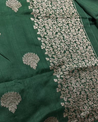 Tussar silk saree Bottle Green With Floral Butta Design | Glow & Glitter Boutique
