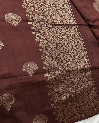 Tussar silk saree Chocolate Brown With Floral Butta Design | Glow & Glitter Boutique