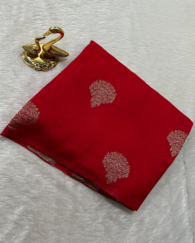 Tussar silk saree Deep Red With Floral Butta Design | Glow & Glitter Boutique