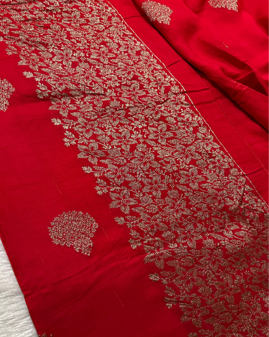 Tussar silk saree Deep Red With Floral Butta Design | Glow & Glitter Boutique
