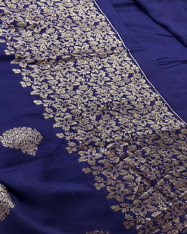 Tussar silk saree Deep Navy Blue with Floral Butta Design | Glow & Glitter Boutique