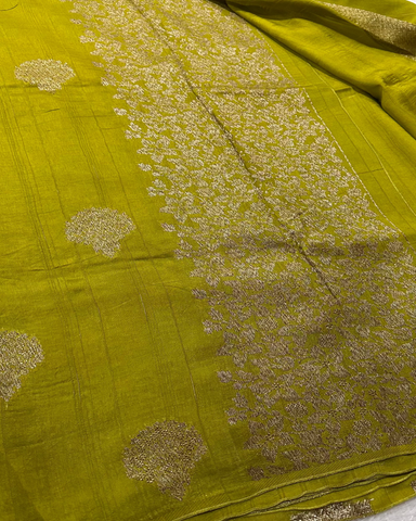 Tussar silk saree Lemon Green with Floral Butta Design | Glow & Glitter Boutique