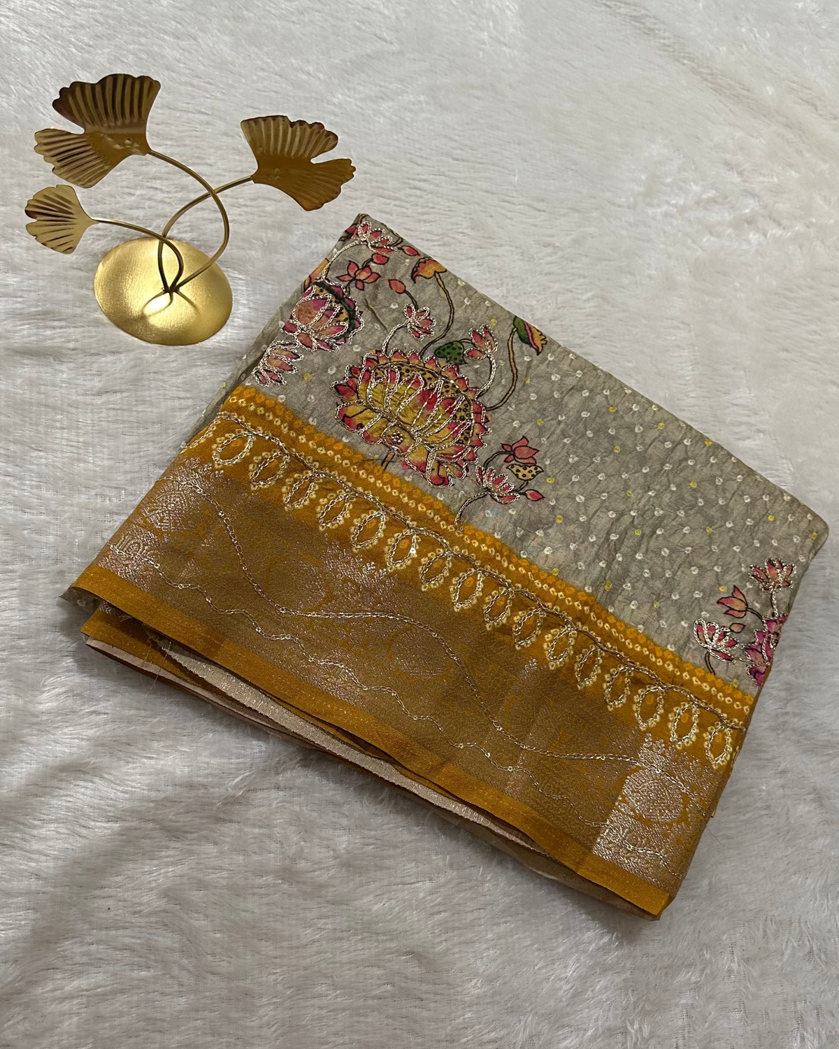 Premium Dola silk saree with hand embroidery Gray with Mustrad Yellow | Glow & Glitter Boutique