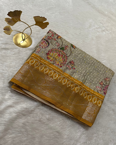 Premium Dola silk saree with hand embroidery Gray with Mustrad Yellow | Glow & Glitter Boutique