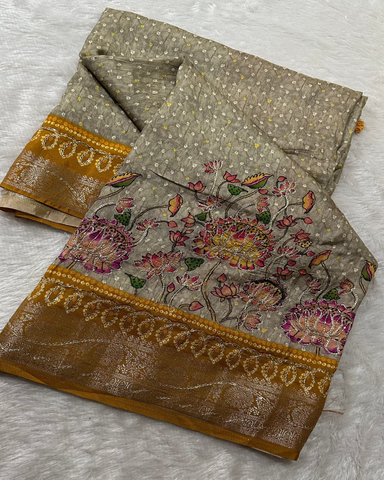 Premium Dola silk saree with hand embroidery Gray with Mustrad Yellow | Glow & Glitter Boutique