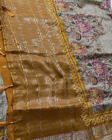 Premium Dola silk saree with hand embroidery Gray with Mustrad Yellow | Glow & Glitter Boutique