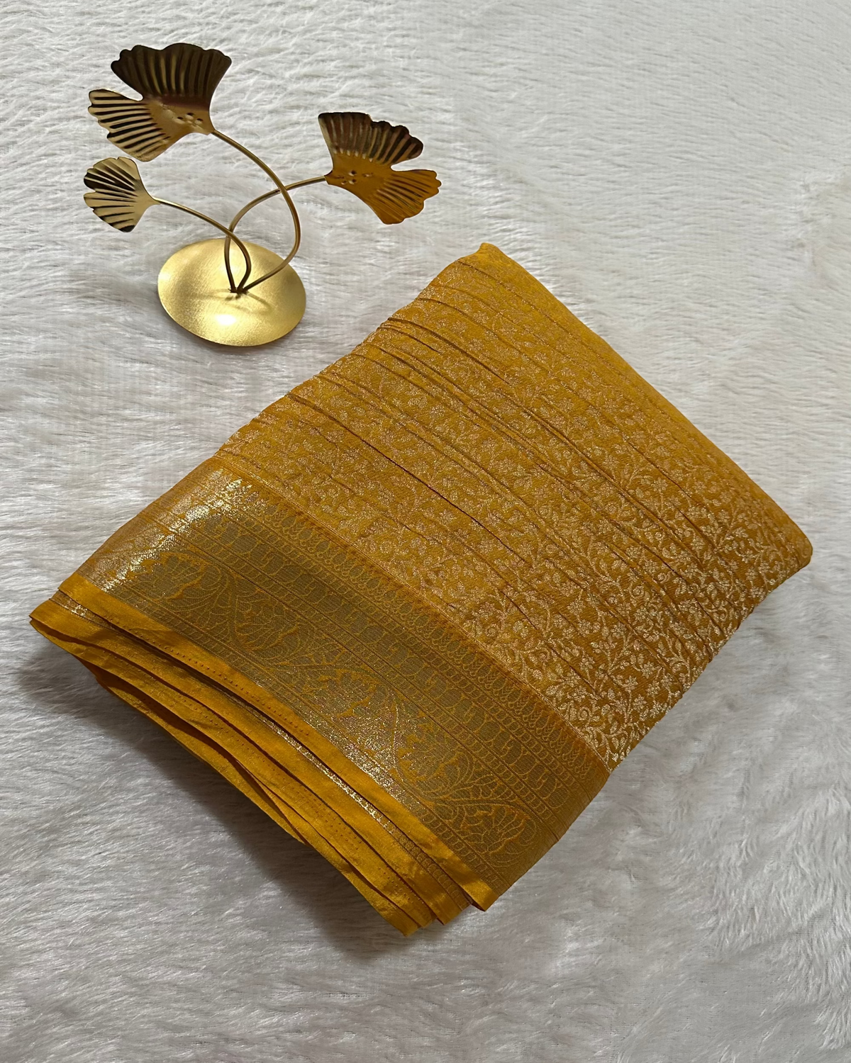 Banaras Georgette Silk Saree Mustrad Yellow With Gold Zari Border | Glow & Glitter Boutique