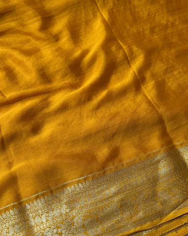 Banaras Georgette Silk Saree Mustrad Yellow With Gold Zari Border | Glow & Glitter Boutique
