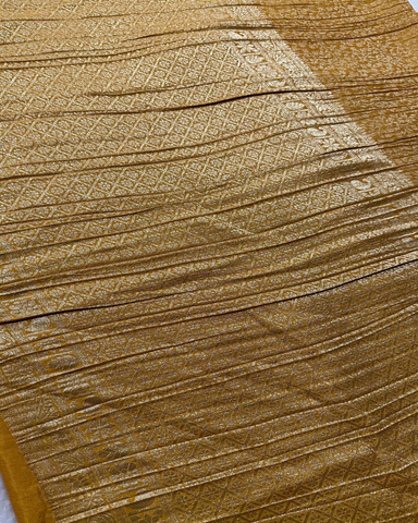 Banaras Georgette Silk Saree Mustrad Yellow With Gold Zari Border | Glow & Glitter Boutique