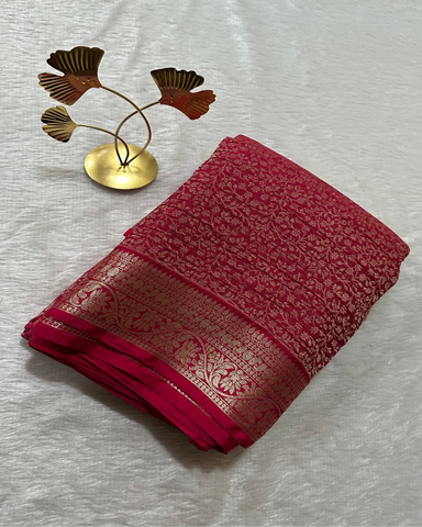 Banaras Georgette Silk Saree Redish Pink With Gold Zari Border | Glow & Glitter Boutique