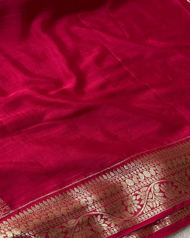 Banaras Georgette Silk Saree Redish Pink With Gold Zari Border | Glow & Glitter Boutique