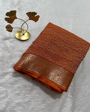 Banaras Georgette Silk Saree Rust Orange With Gold Zari Border | Glow & Glitter Boutique