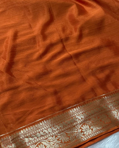 Banaras Georgette Silk Saree Rust Orange With Gold Zari Border | Glow & Glitter Boutique