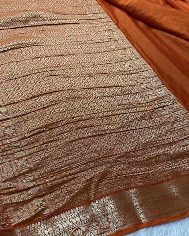 Banaras Georgette Silk Saree Rust Orange With Gold Zari Border | Glow & Glitter Boutique