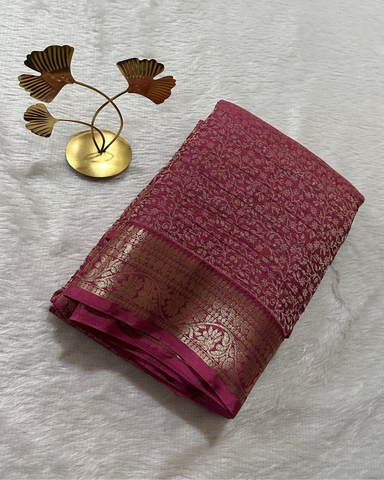 Banaras Georgette Silk Saree Deep Onion Pink Shade With Gold Zari Border | Glow & Glitter Boutique