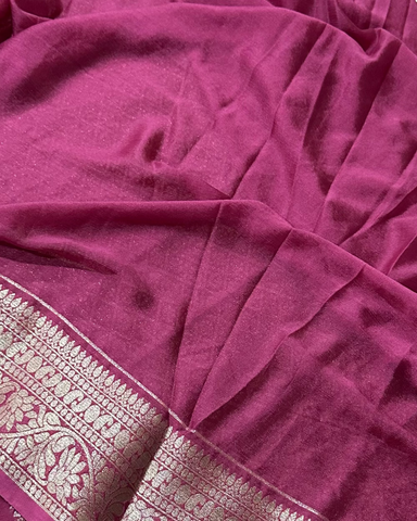 Banaras Georgette Silk Saree Deep Onion Pink Shade With Gold Zari Border | Glow & Glitter Boutique