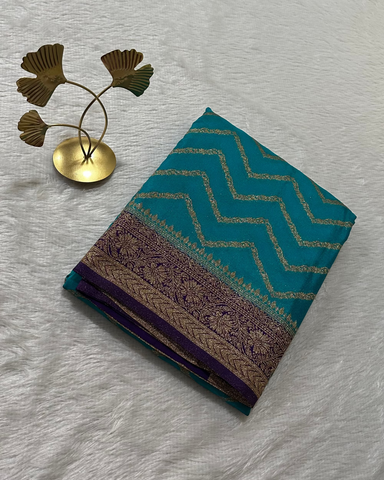 Banaras georgette silk saree Peacock Teal With Purple Zari Border | Glow & Glitter Boutique